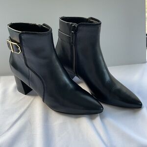 Cole Hann Black Faux Leather Ankle Boots with Gold Buckle and Block Heel
